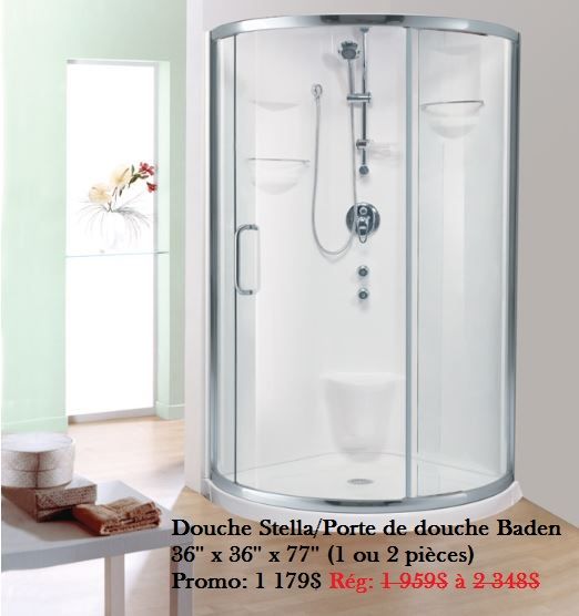 Promotion ensemble de douche en coin d'acrylique blanche 36 x 36 • Plomberie Germain Roy